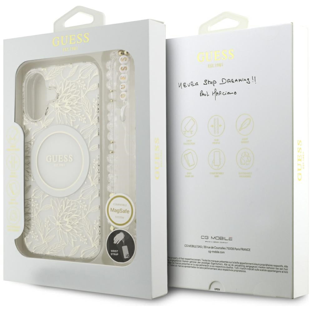 MagSafe-deksel for Apple iPhone 17, Guess, IML Flowers with Pearl Strap, Hvit