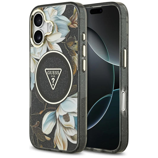MagSafe-deksel for Apple iPhone 17, Guess, IML Metal Glitter Flowers Triangle, Svart