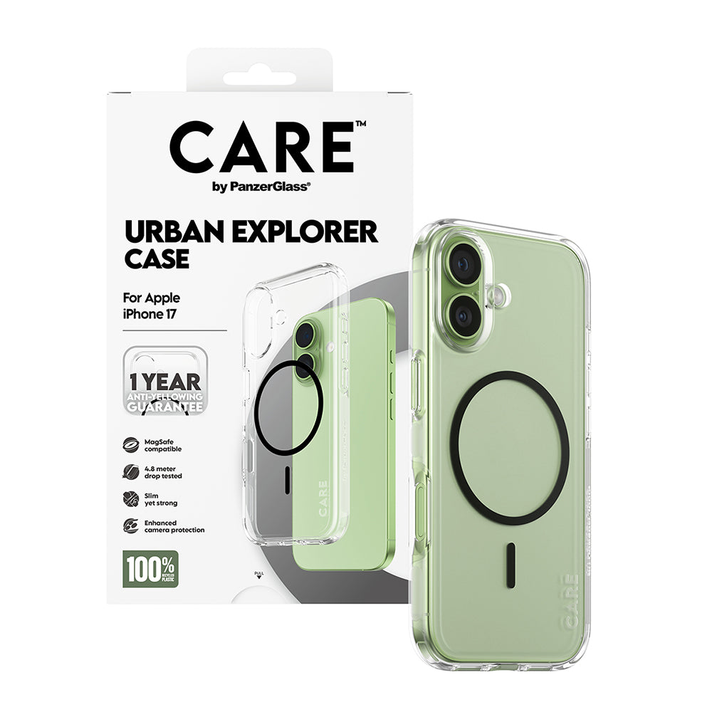 MagSafe-deksel for Apple iPhone 17, PanzerGlass, Urban Explorer Care, Svart Transparent