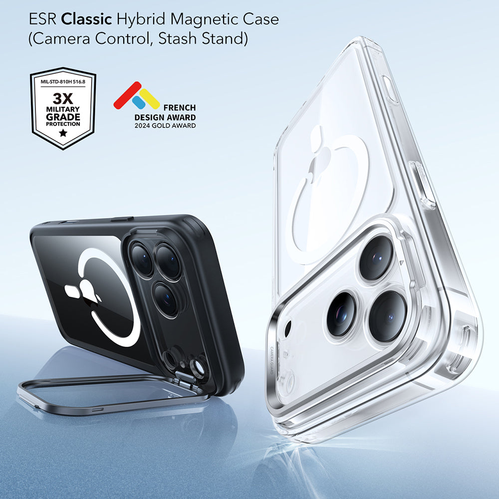 MagSafe-deksel for Apple iPhone 17 Pro, ESR, Classic Hybrid Kickstand, Svart Gjennomsiktig