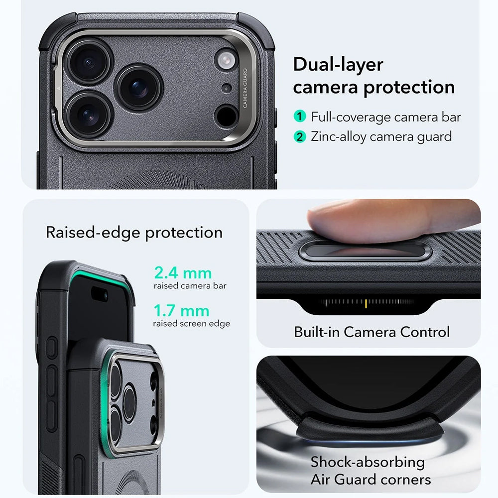 MagSafe-deksel for Apple iPhone 17 Pro, ESR, Cyber Armor Kickstand, Grå