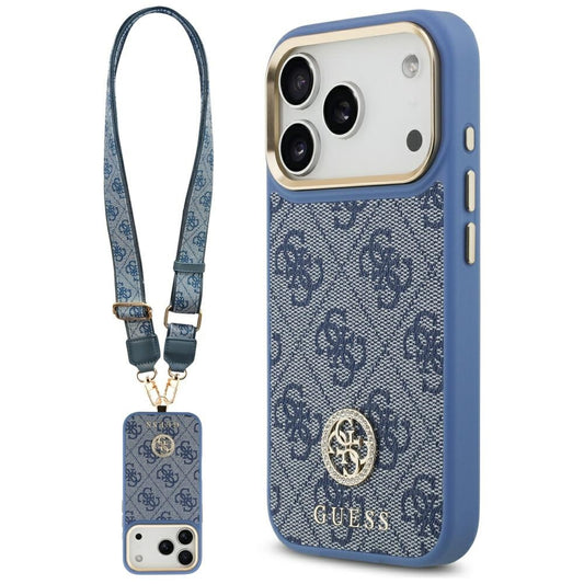 MagSafe-deksel for Apple iPhone 17 Pro, Guess, 4G Strass Logo with Big Strap, Blå