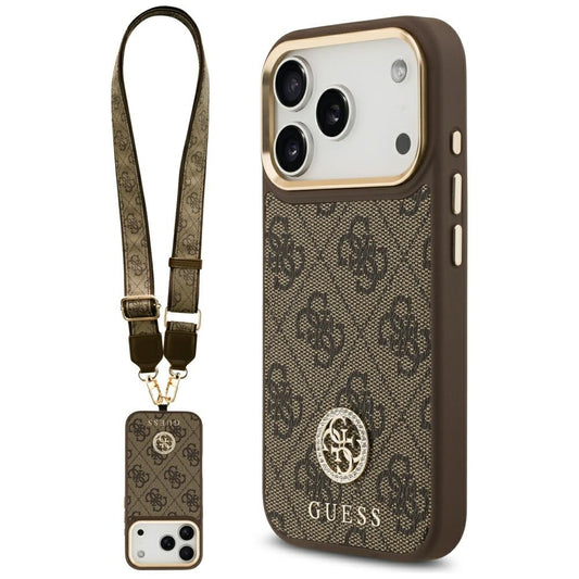 MagSafe-deksel for Apple iPhone 17 Pro, Guess, 4G Strass Logo med stor stropp, Brun