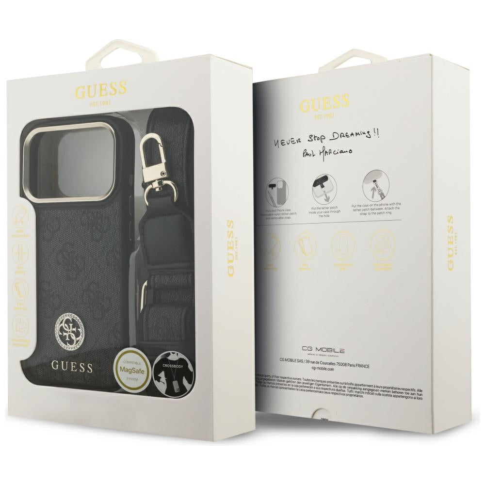 MagSafe-deksel for Apple iPhone 17 Pro, Guess, 4G Strass Logo med stor stropp, Svart