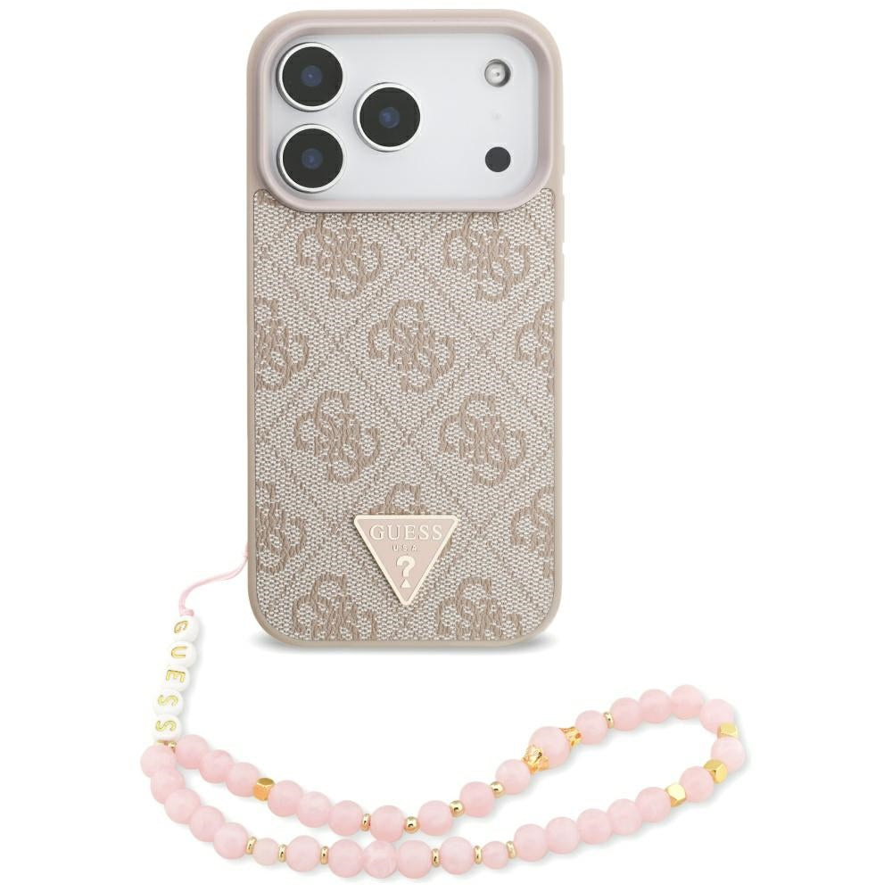 MagSafe-deksel for Apple iPhone 17 Pro, Guess, 4G Triangle Logo med Perle Stropp, Rosa