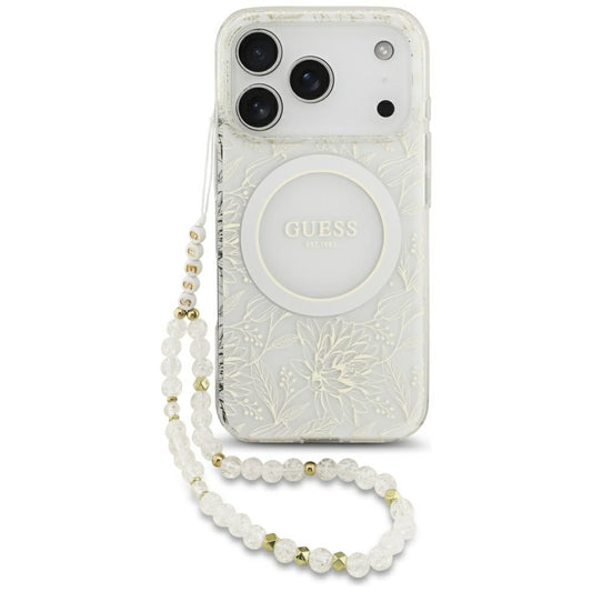 MagSafe-deksel for Apple iPhone 17 Pro, Guess, IML Flowers Allover Electroplated with Pearl Strap, Hvit