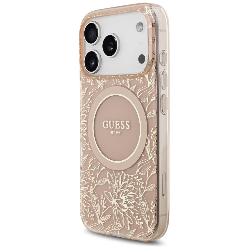 MagSafe-deksel for Apple iPhone 17 Pro, Guess, IML Flowers Allover Electroplated with Pearl Strap, Rosa
