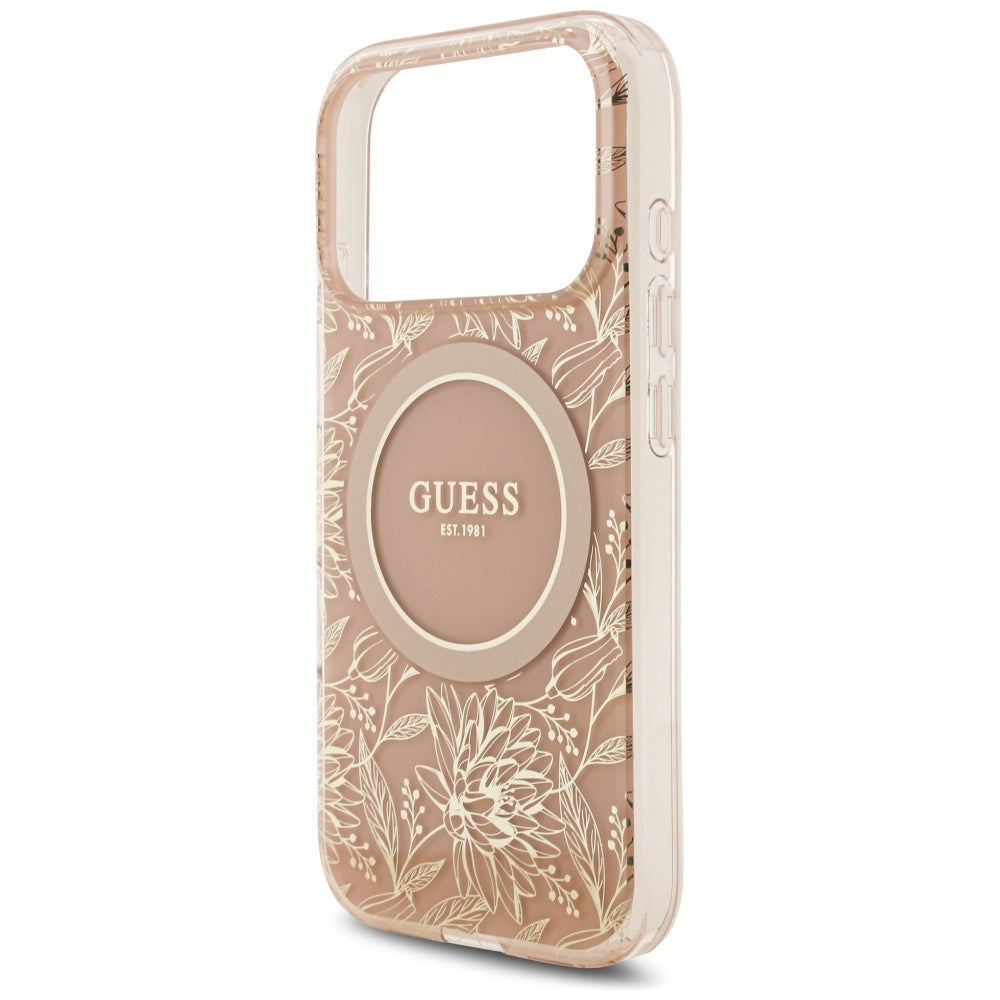 MagSafe-deksel for Apple iPhone 17 Pro, Guess, IML Flowers Allover Electroplated with Pearl Strap, Rosa