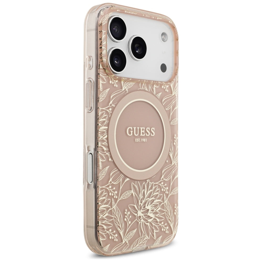 MagSafe-deksel for Apple iPhone 17 Pro, Guess, IML Flowers Allover Electroplated with Pearl Strap, Rosa