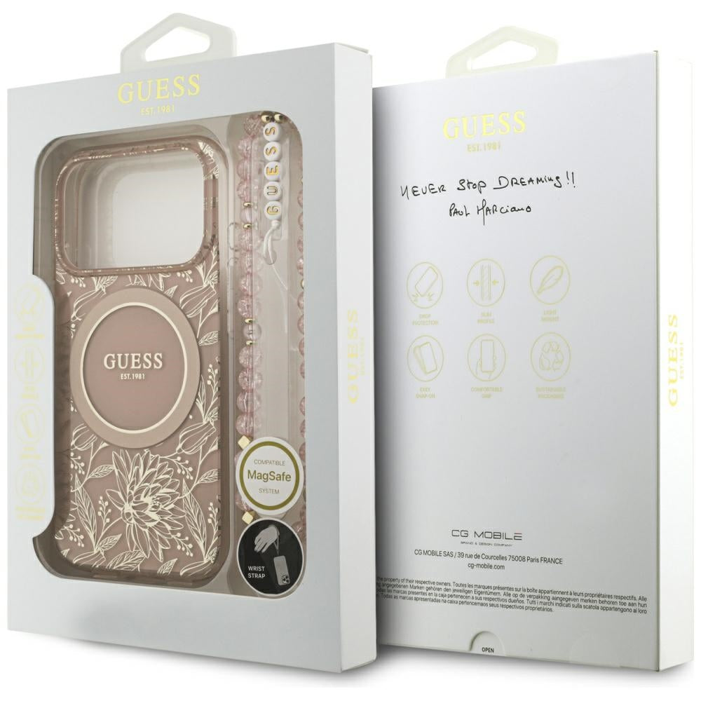MagSafe-deksel for Apple iPhone 17 Pro, Guess, IML Flowers Allover Electroplated with Pearl Strap, Rosa