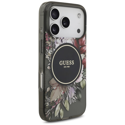 MagSafe-deksel for Apple iPhone 17 Pro, Guess, IML Flowers with Pearl Strap, Svart