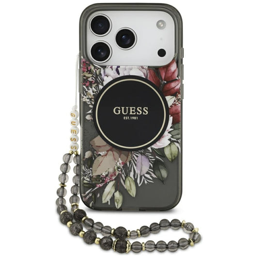 MagSafe-deksel for Apple iPhone 17 Pro, Guess, IML Flowers with Pearl Strap, Svart