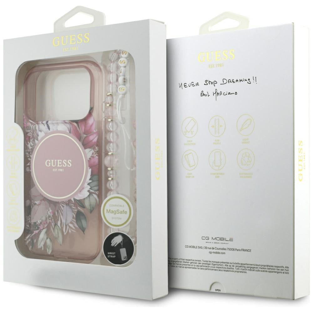 MagSafe-deksel for Apple iPhone 17 Pro, Guess, IML Flowers with Pearl Strap, Rosa