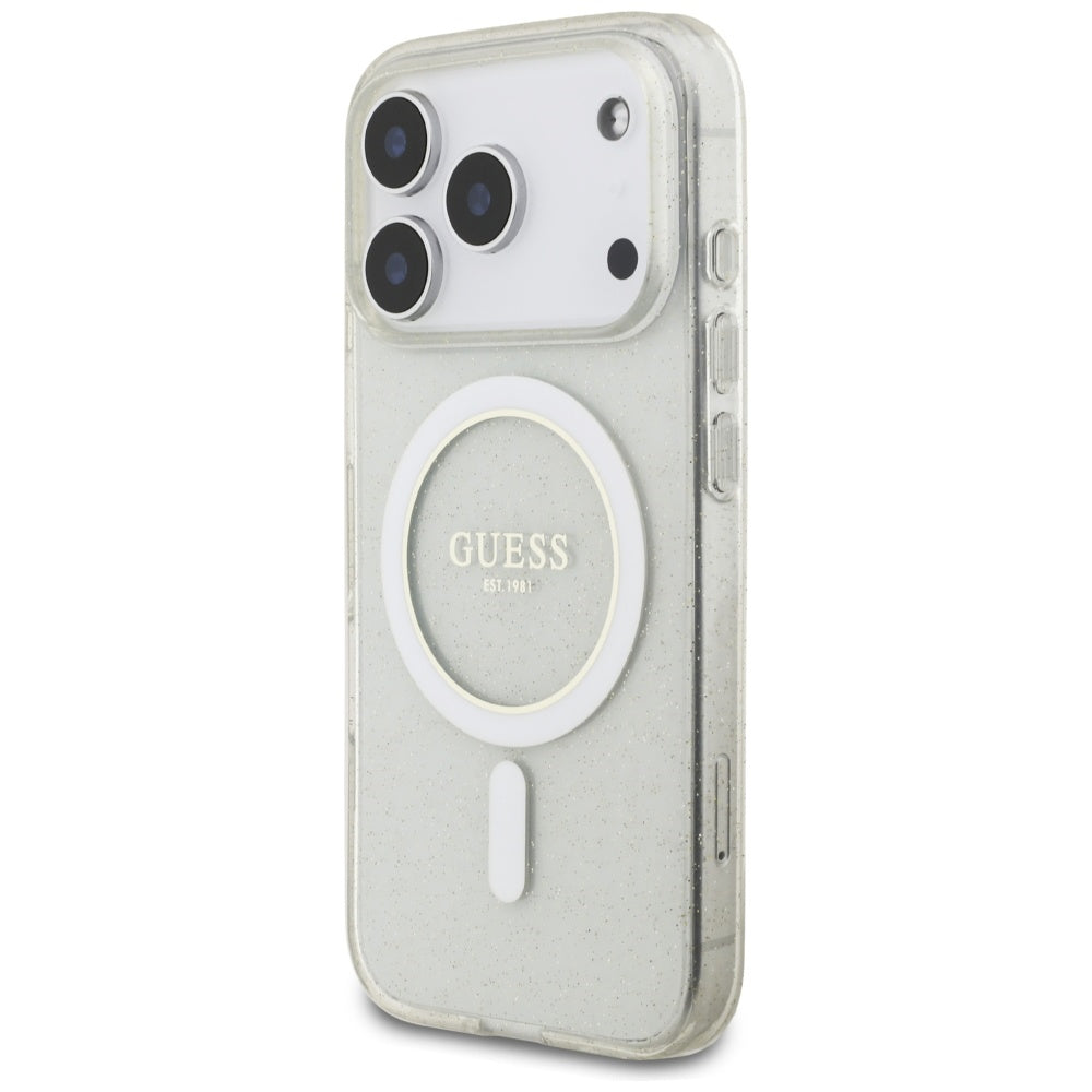 MagSafe-deksel for Apple iPhone 17 Pro, Guess, IML Glitter with Pearl Strap, Gjennomsiktig