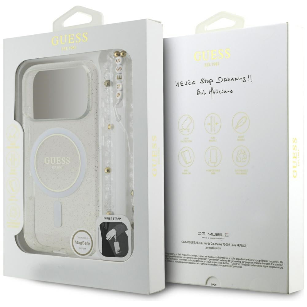 MagSafe-deksel for Apple iPhone 17 Pro, Guess, IML Glitter with Pearl Strap, Gjennomsiktig