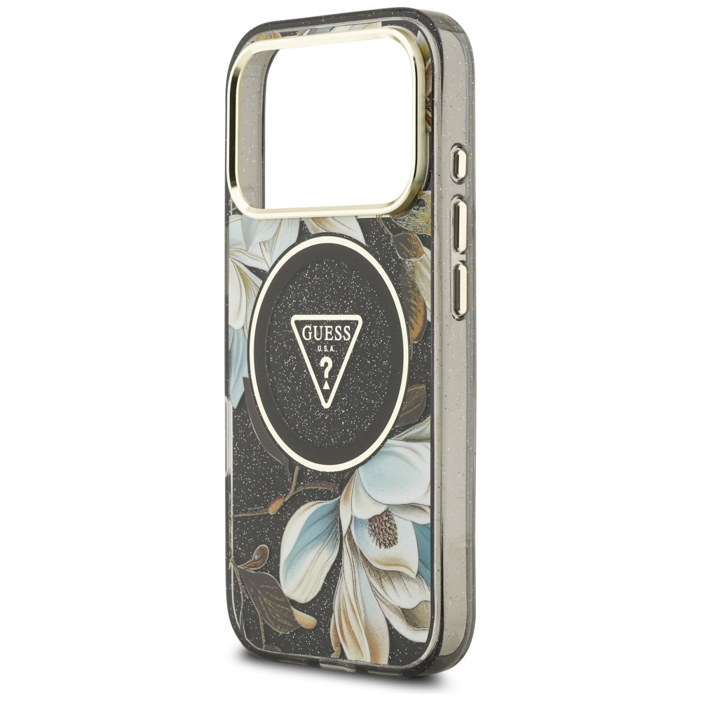 MagSafe-deksel for Apple iPhone 17 Pro, Guess, IML Metal Glitter Flowers Triangle, Svart