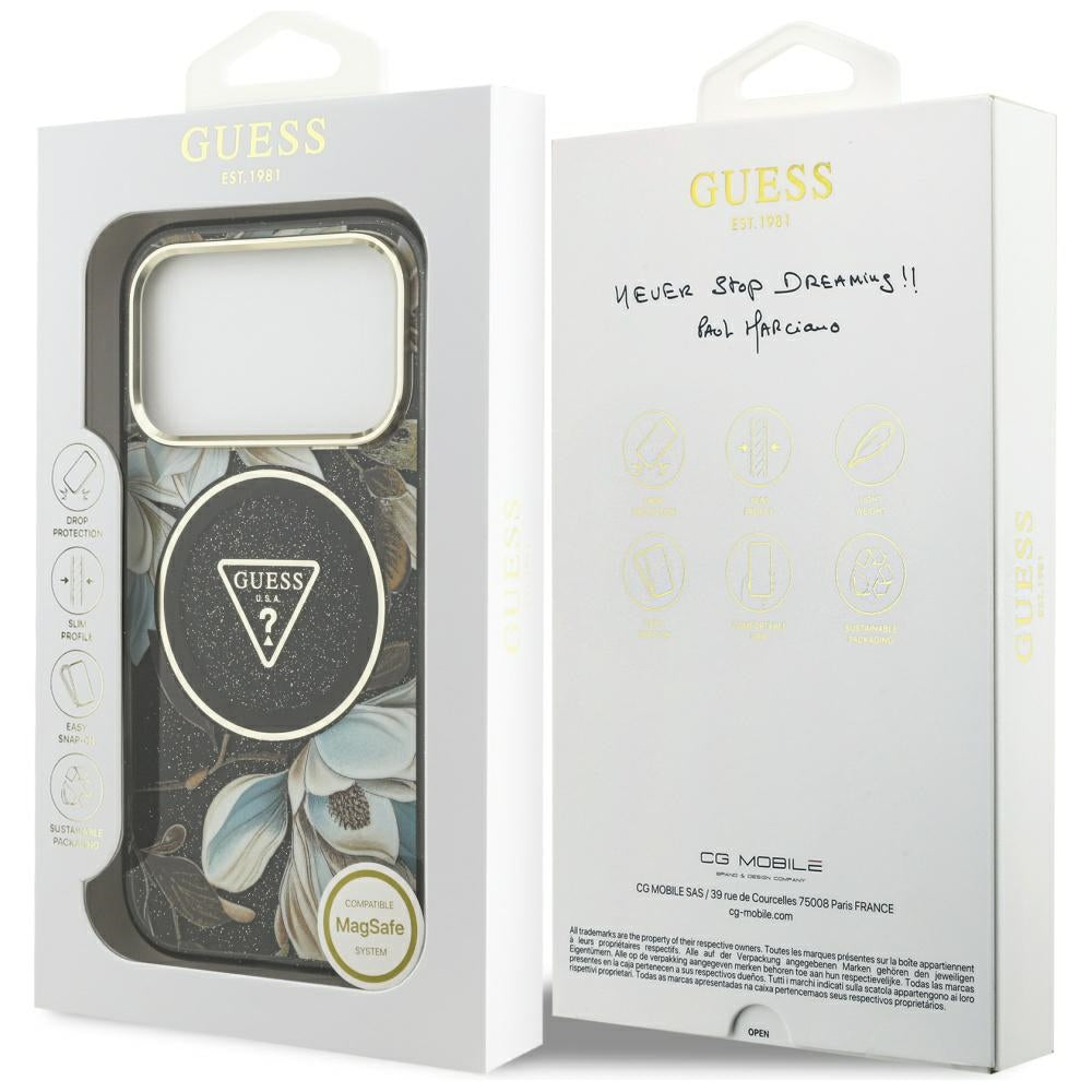 MagSafe-deksel for Apple iPhone 17 Pro, Guess, IML Metal Glitter Flowers Triangle, Svart