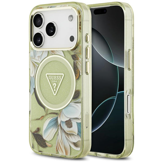 MagSafe-deksel for Apple iPhone 17 Pro, Guess, IML Metal Glitter Flowers Triangle, Grønn