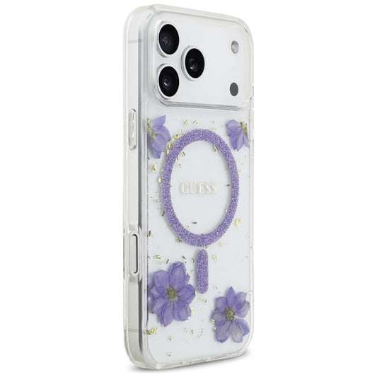 MagSafe-deksel for Apple iPhone 17 Pro, Guess, Resin Flowers and Glitter, Lilla