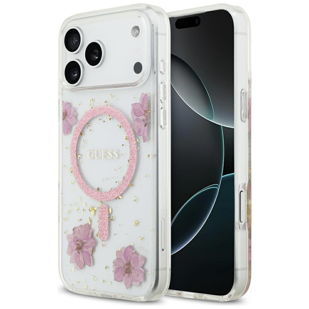 MagSafe-deksel for Apple iPhone 17 Pro, Guess, Resin Flowers and Glitter, Rosa