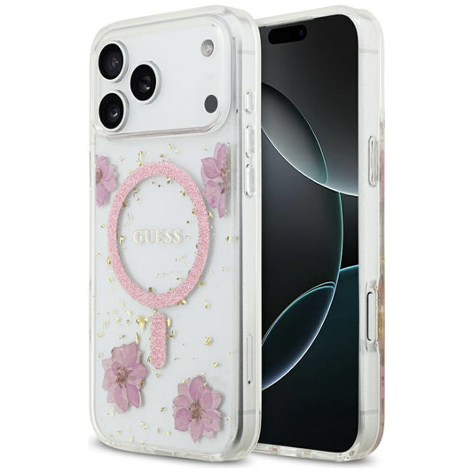 MagSafe-deksel for Apple iPhone 17 Pro, Guess, Resin Flowers and Glitter, Rosa