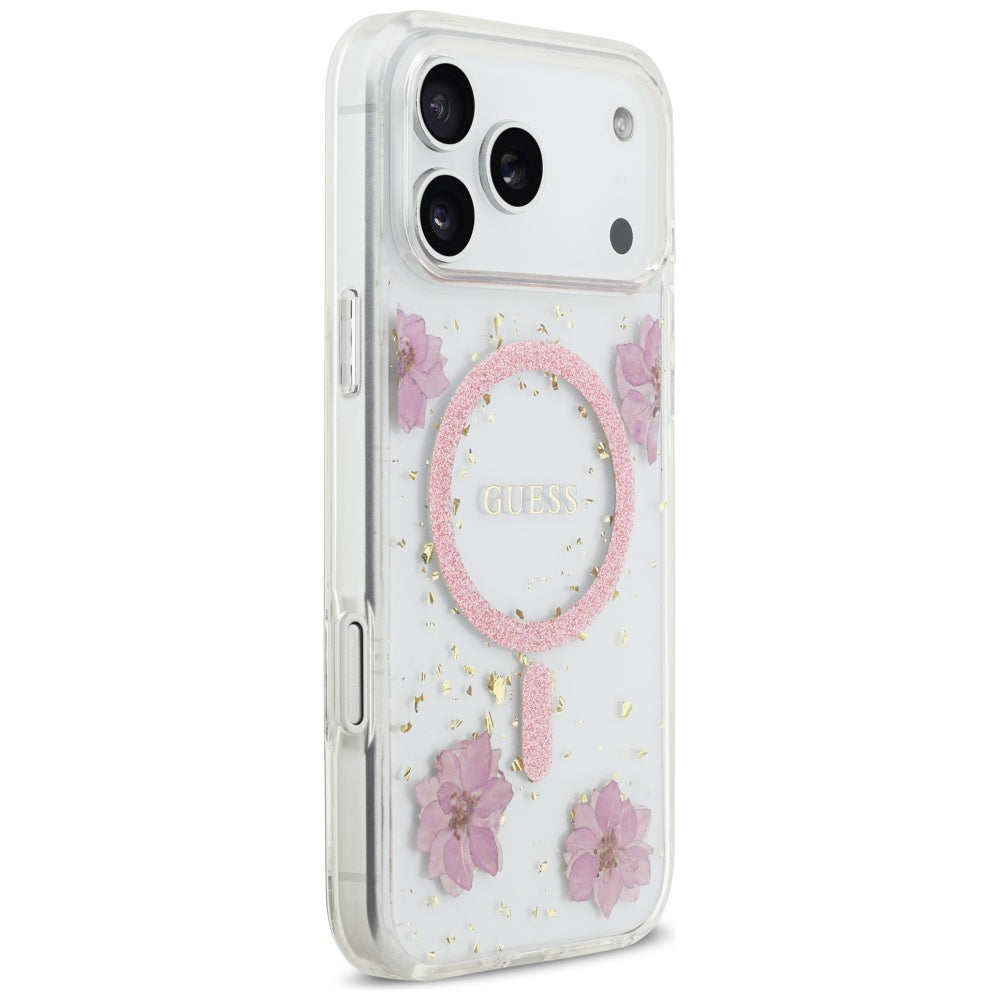 MagSafe-deksel for Apple iPhone 17 Pro, Guess, Resin Flowers and Glitter, Rosa