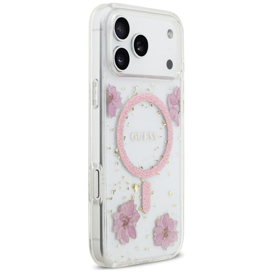 MagSafe-deksel for Apple iPhone 17 Pro, Guess, Resin Flowers and Glitter, Rosa