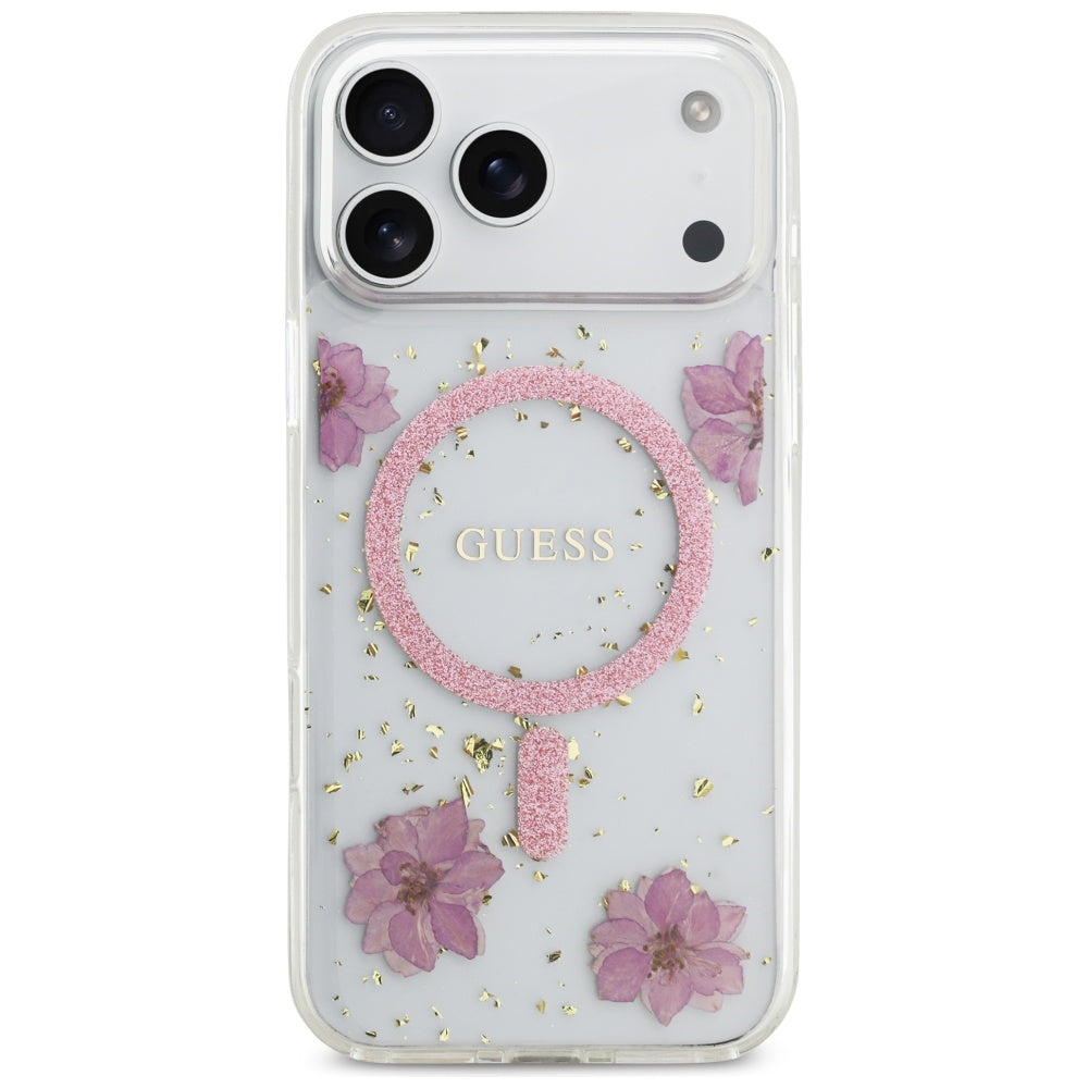 MagSafe-deksel for Apple iPhone 17 Pro, Guess, Resin Flowers and Glitter, Rosa