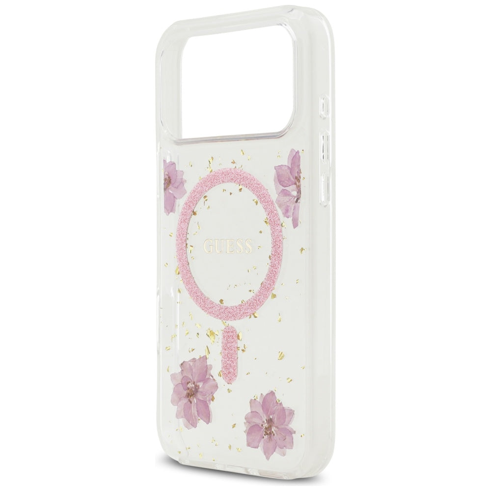 MagSafe-deksel for Apple iPhone 17 Pro, Guess, Resin Flowers and Glitter, Rosa