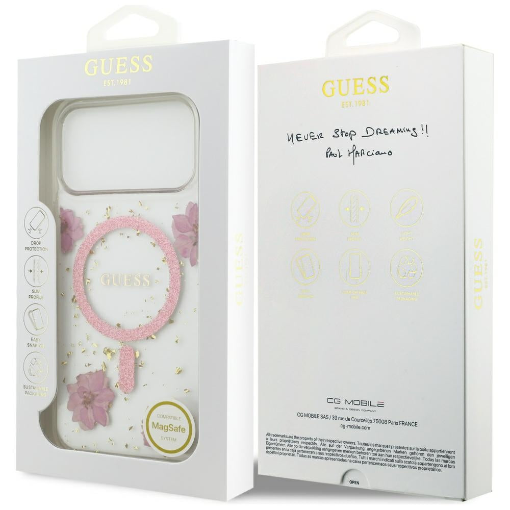 MagSafe-deksel for Apple iPhone 17 Pro, Guess, Resin Flowers and Glitter, Rosa