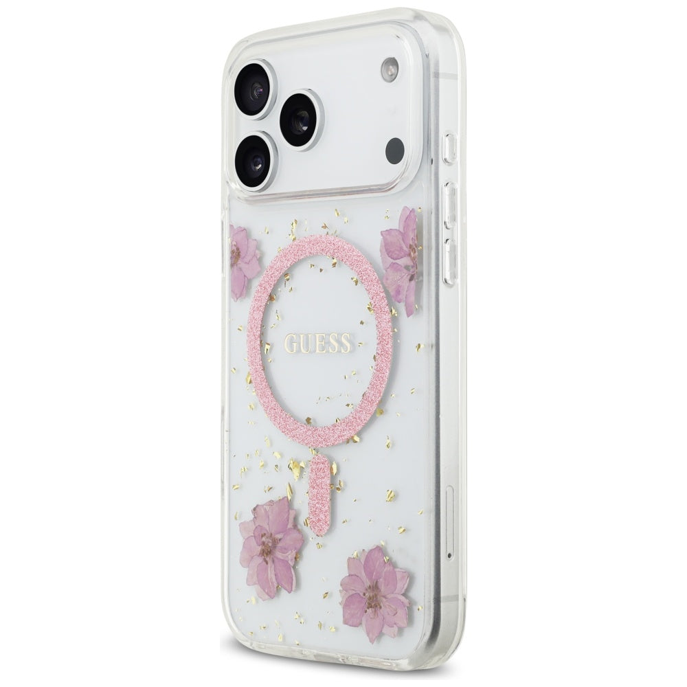 MagSafe-deksel for Apple iPhone 17 Pro, Guess, Resin Flowers and Glitter, Rosa