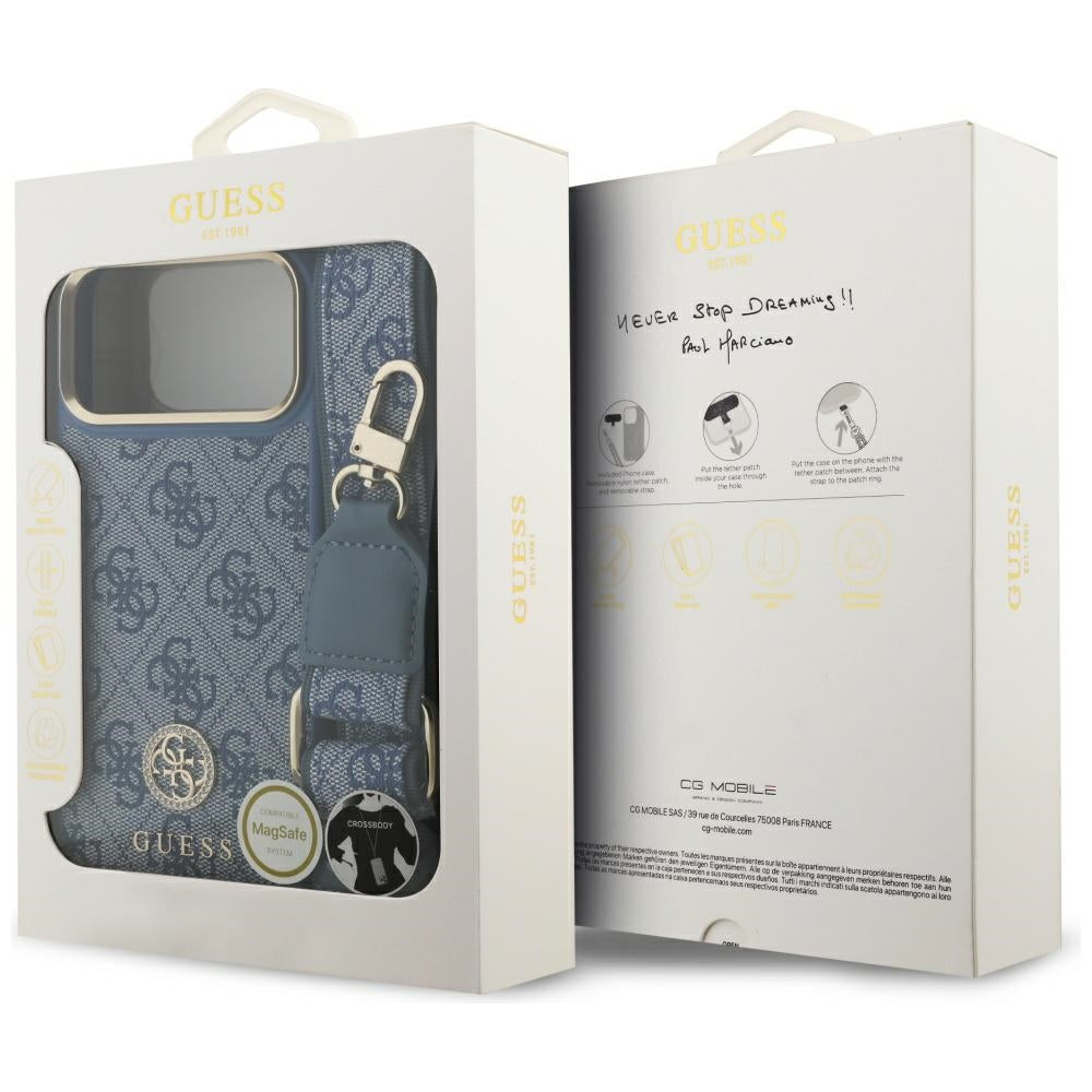 MagSafe-deksel for Apple iPhone 17 Pro Max, Guess, 4G Strass Logo with Big Strap, Blå