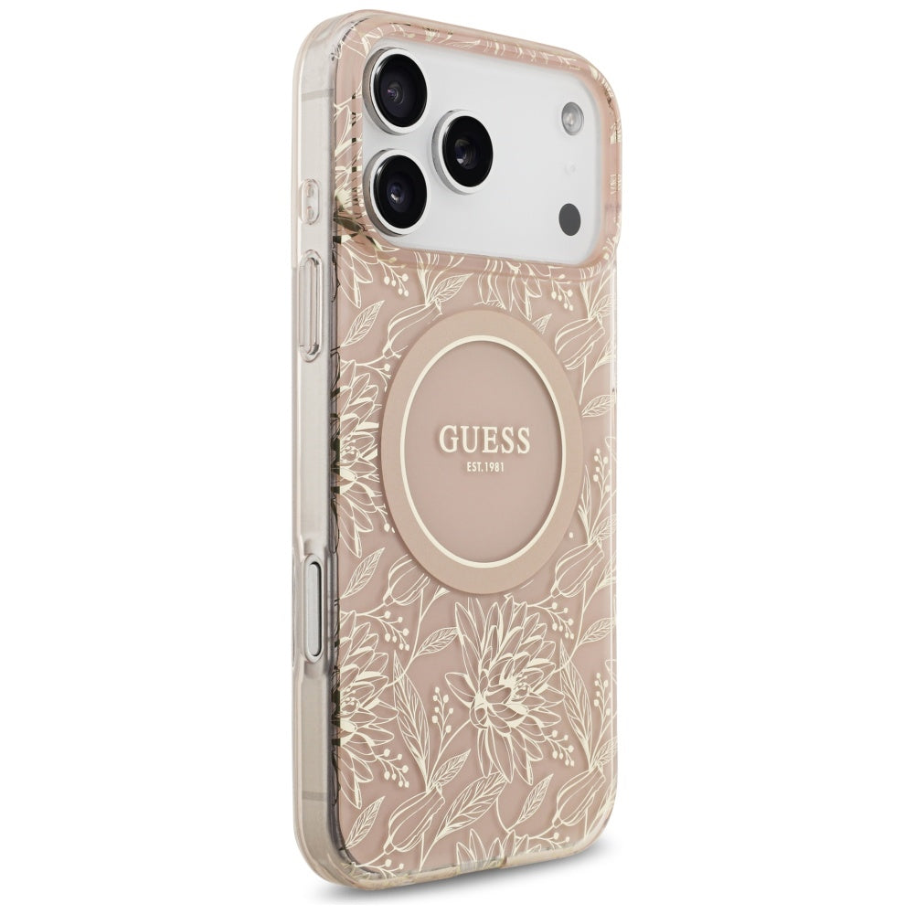 MagSafe-deksel for Apple iPhone 17 Pro Max, Guess, IML Flowers Allover Electroplated with Pearl Strap, Rosa