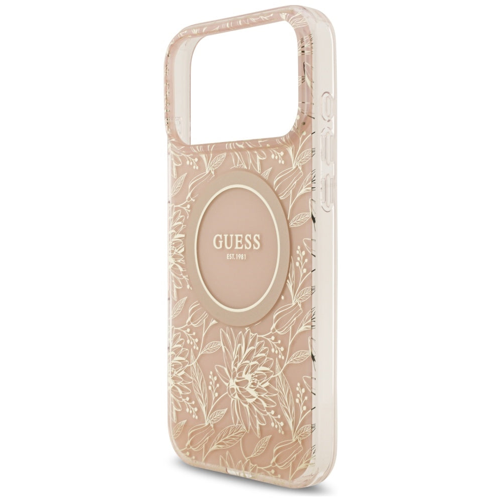 MagSafe-deksel for Apple iPhone 17 Pro Max, Guess, IML Flowers Allover Electroplated with Pearl Strap, Rosa