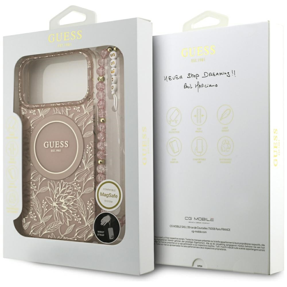 MagSafe-deksel for Apple iPhone 17 Pro Max, Guess, IML Flowers Allover Electroplated with Pearl Strap, Rosa