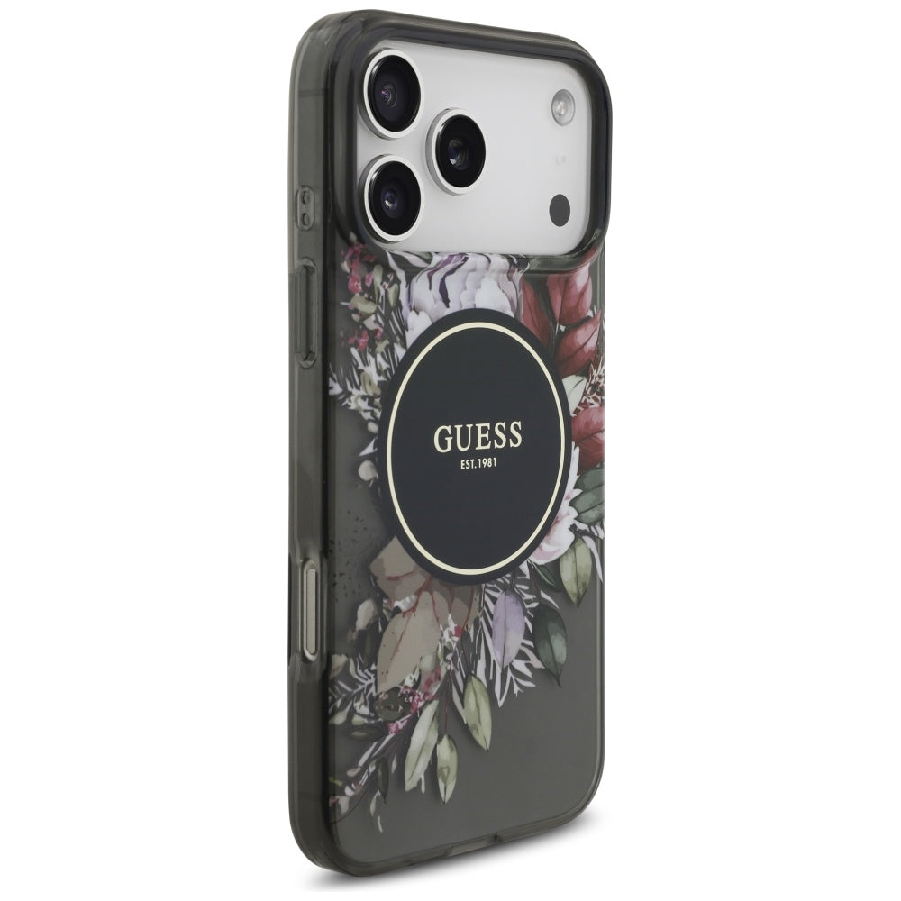 MagSafe-deksel for Apple iPhone 17 Pro Max, Guess, IML Flowers with Pearl Strap, Svart