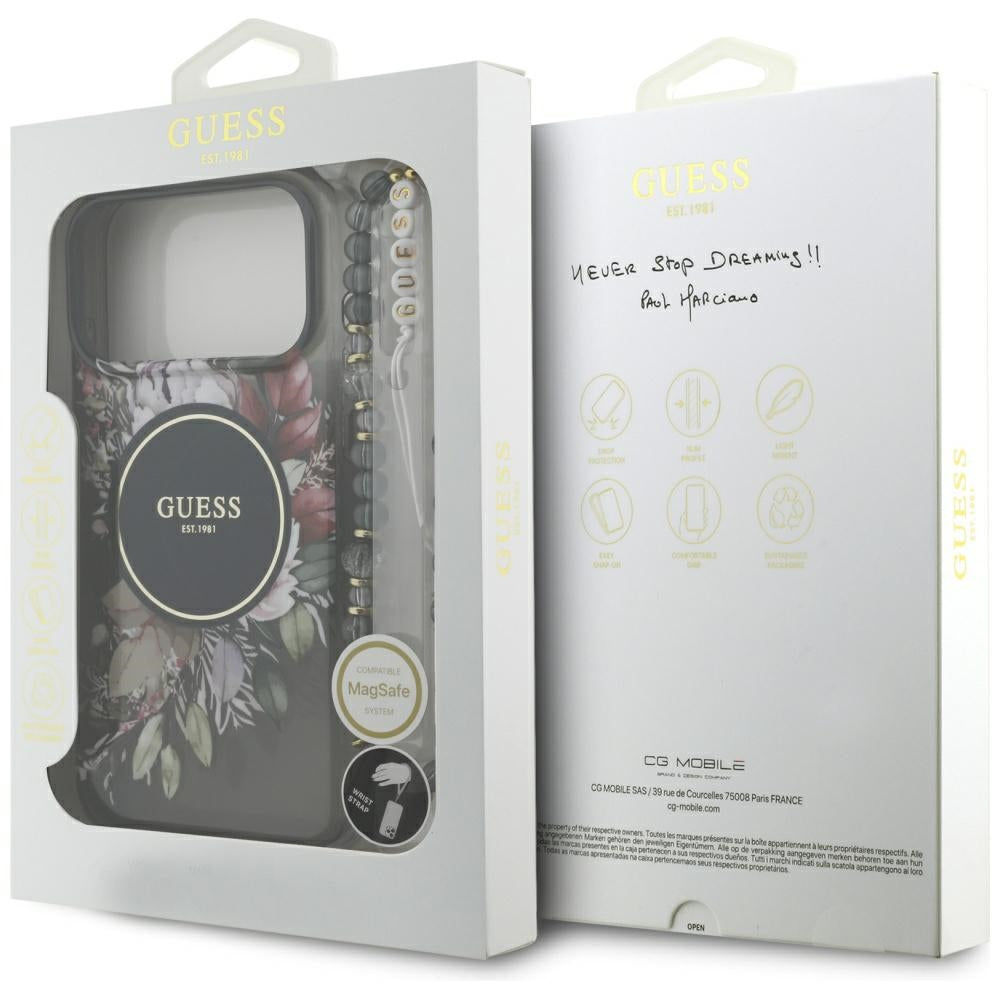 MagSafe-deksel for Apple iPhone 17 Pro Max, Guess, IML Flowers with Pearl Strap, Svart