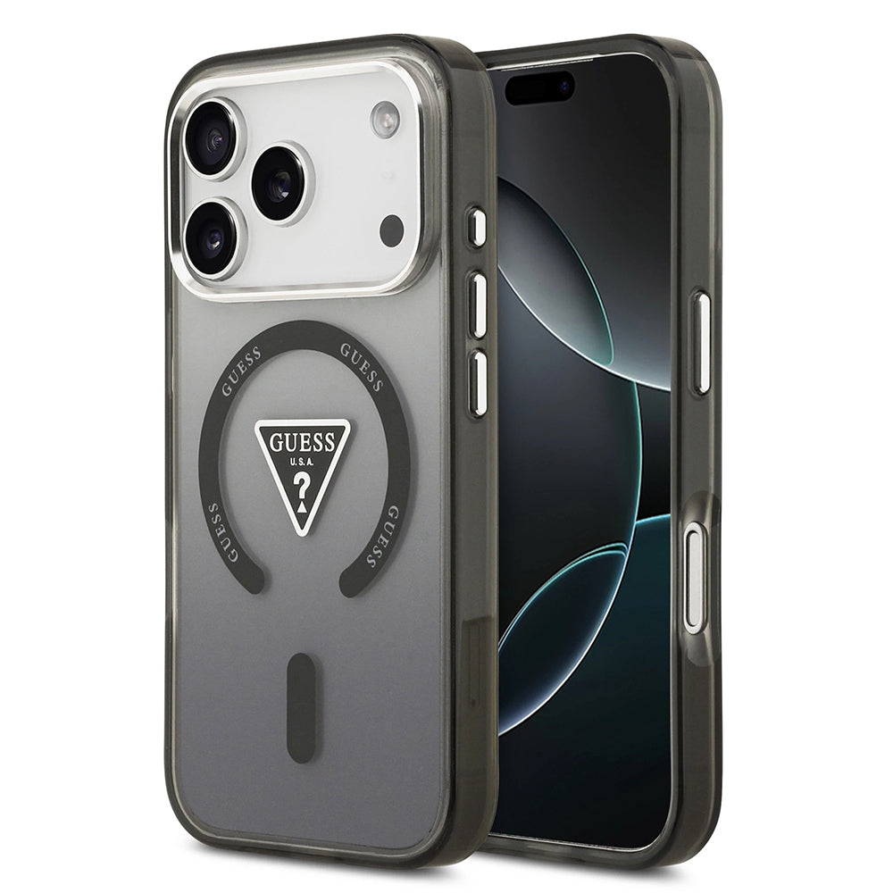 MagSafe-deksel for Apple iPhone 17 Pro Max, Guess, IML Gradient Triangle Logo, Svart Sølv