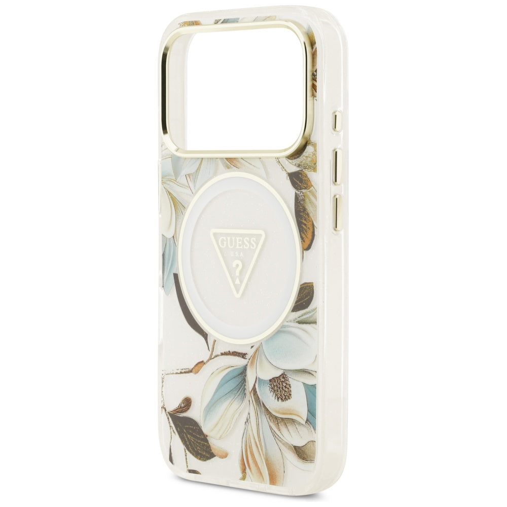 MagSafe-deksel for Apple iPhone 17 Pro Max, Guess, IML Metal Glitter Flowers Triangle, Hvit