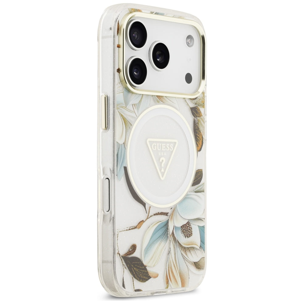 MagSafe-deksel for Apple iPhone 17 Pro Max, Guess, IML Metal Glitter Flowers Triangle, Hvit