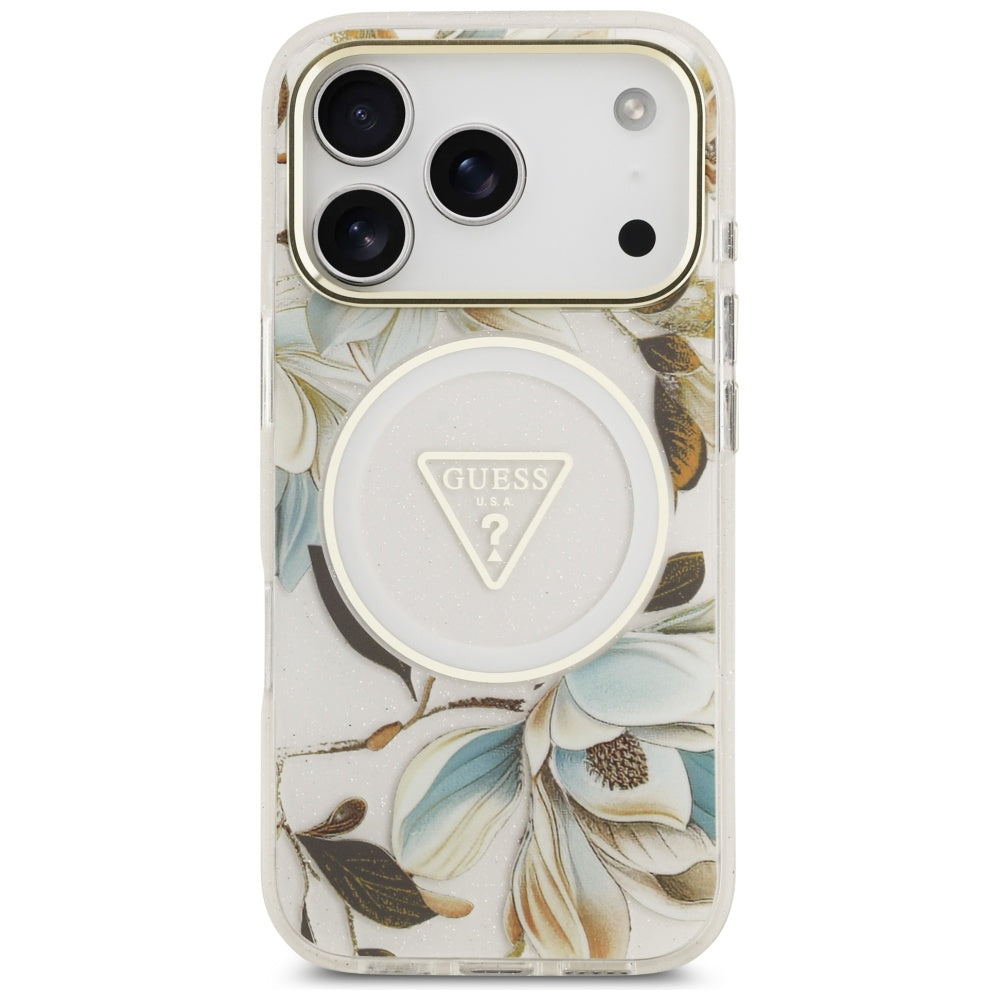 MagSafe-deksel for Apple iPhone 17 Pro Max, Guess, IML Metal Glitter Flowers Triangle, Hvit