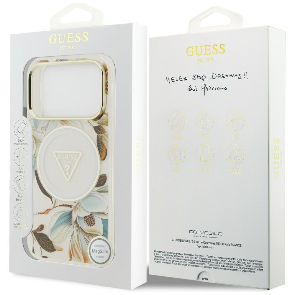 MagSafe-deksel for Apple iPhone 17 Pro Max, Guess, IML Metal Glitter Flowers Triangle, Hvit