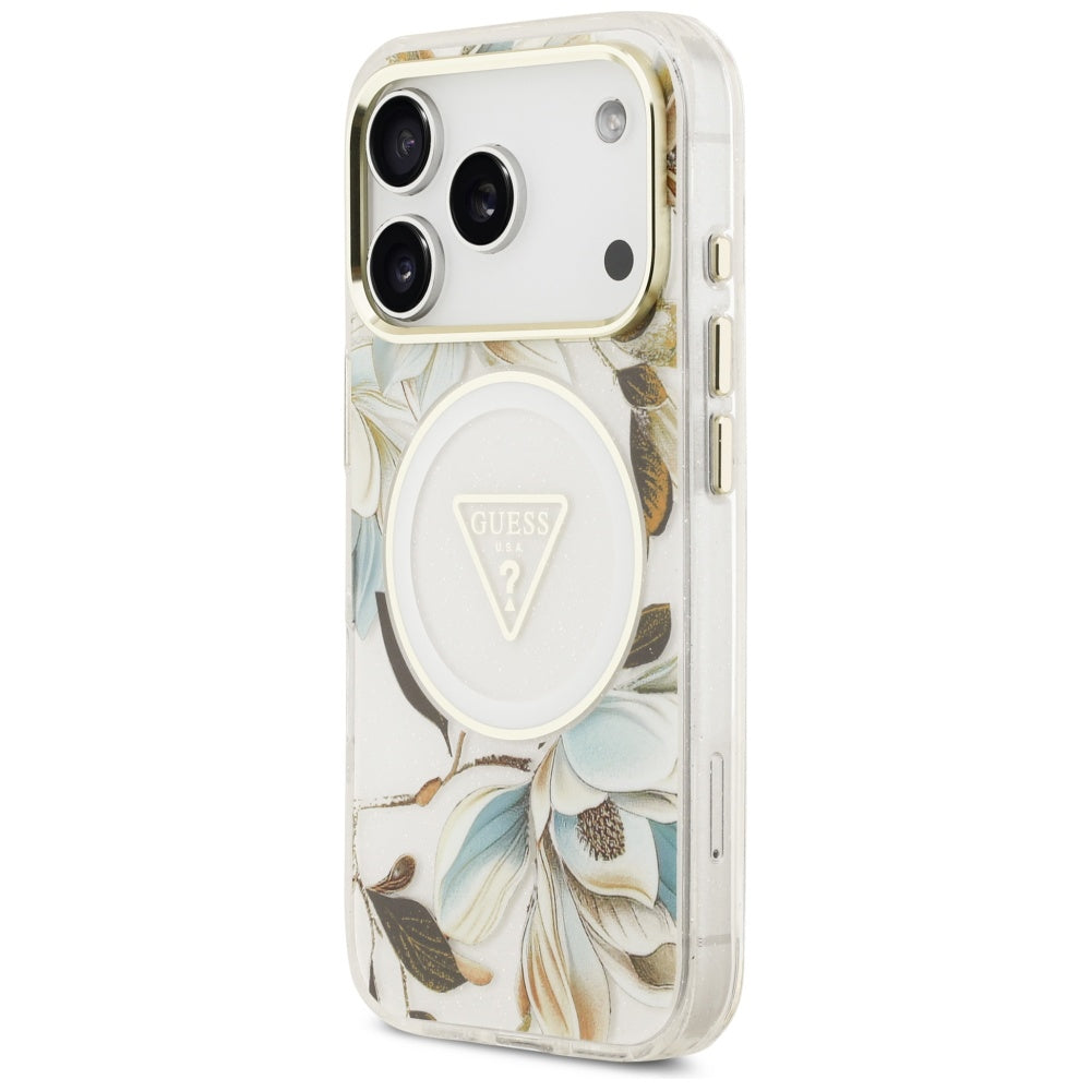 MagSafe-deksel for Apple iPhone 17 Pro Max, Guess, IML Metal Glitter Flowers Triangle, Hvit