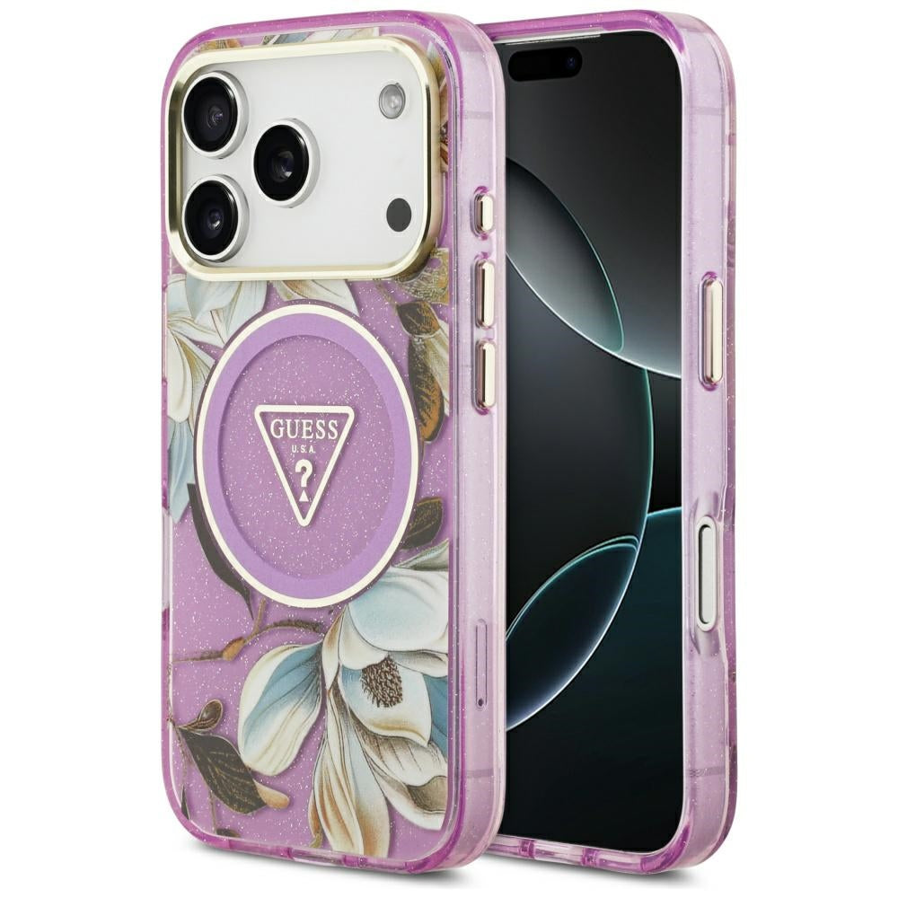 MagSafe-deksel for Apple iPhone 17 Pro Max, Guess, IML Metal Glitter Flowers Triangle, Lilla