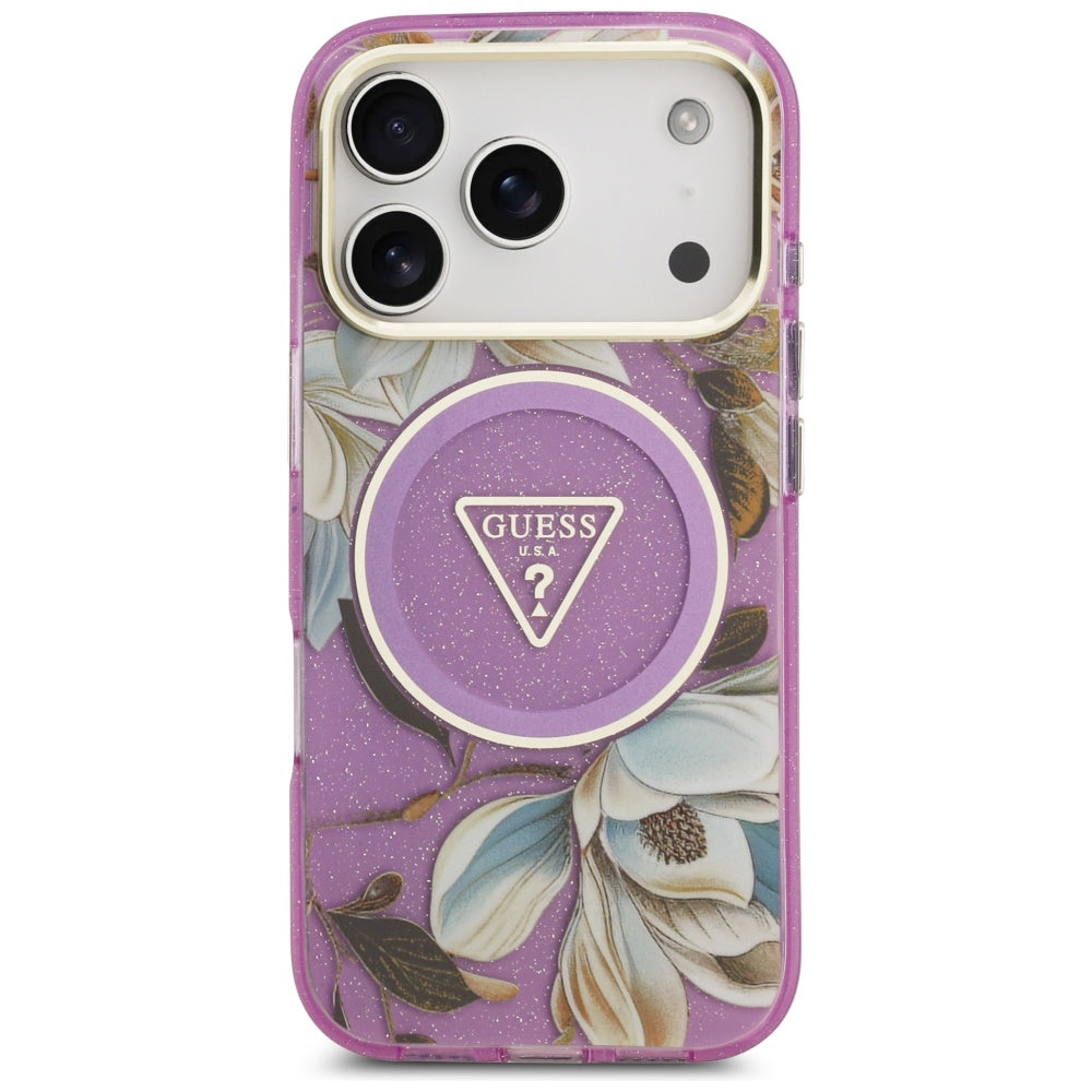 MagSafe-deksel for Apple iPhone 17 Pro Max, Guess, IML Metal Glitter Flowers Triangle, Lilla