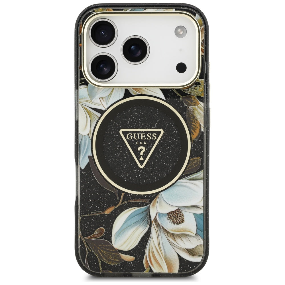 MagSafe-deksel for Apple iPhone 17 Pro Max, Guess, IML Metal Glitter Flowers Triangle, Svart
