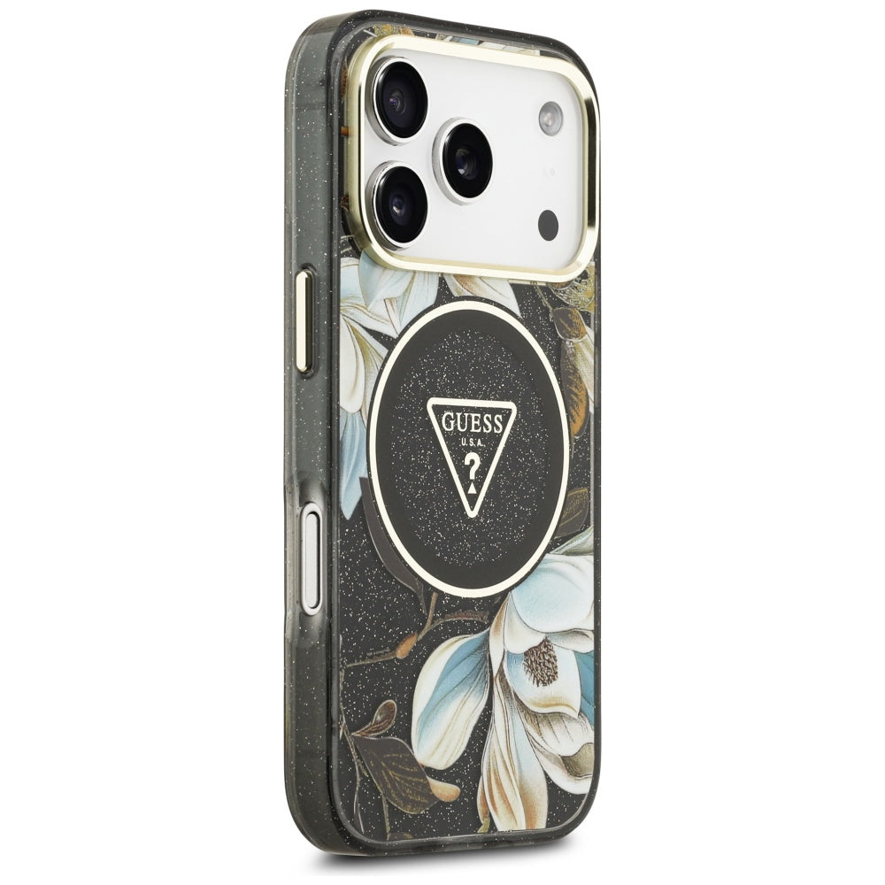 MagSafe-deksel for Apple iPhone 17 Pro Max, Guess, IML Metal Glitter Flowers Triangle, Svart