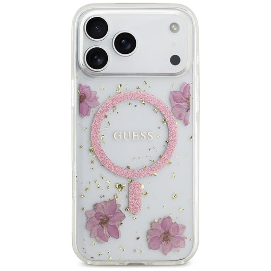 MagSafe-deksel for Apple iPhone 17 Pro Max, Guess, Resin Flowers and Glitter, Rosa