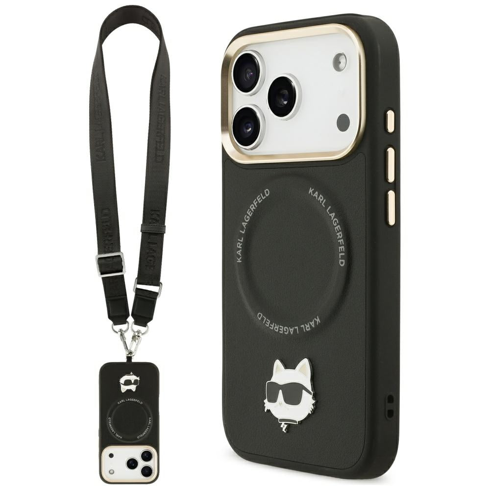 MagSafe-deksel for Apple iPhone 17 Pro Max, Karl Lagerfeld, Big Strap Choupette Metal Logo, Svart