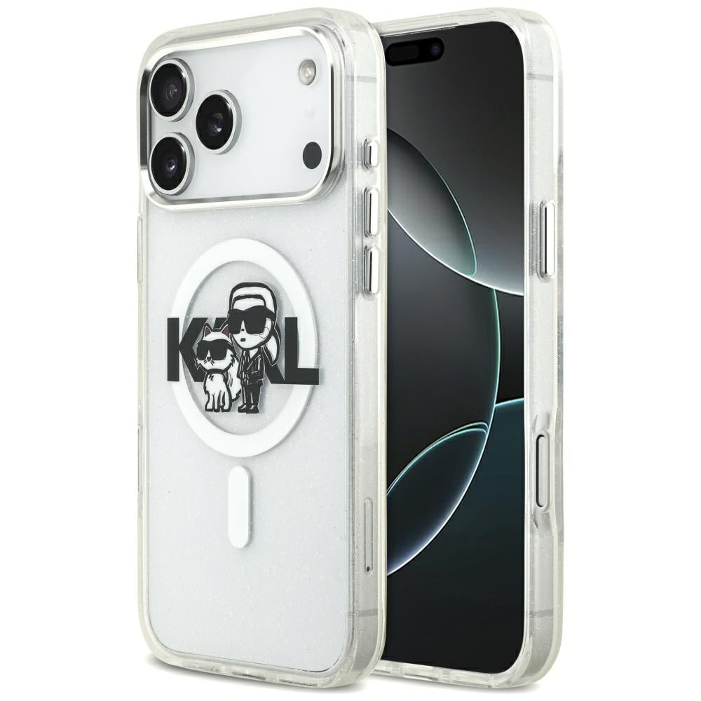 MagSafe-deksel for Apple iPhone 17 Pro Max, Karl Lagerfeld, IML Sketch Logo Glitter Karl & Choupette, Gjennomsiktig